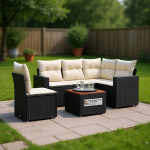 Black Pe <b>Rattan</b> Garden <b>Sofa</b> Set Adjustable Feet Outdoor Furniture 4 Seater Contemporary Style - Product Image 2