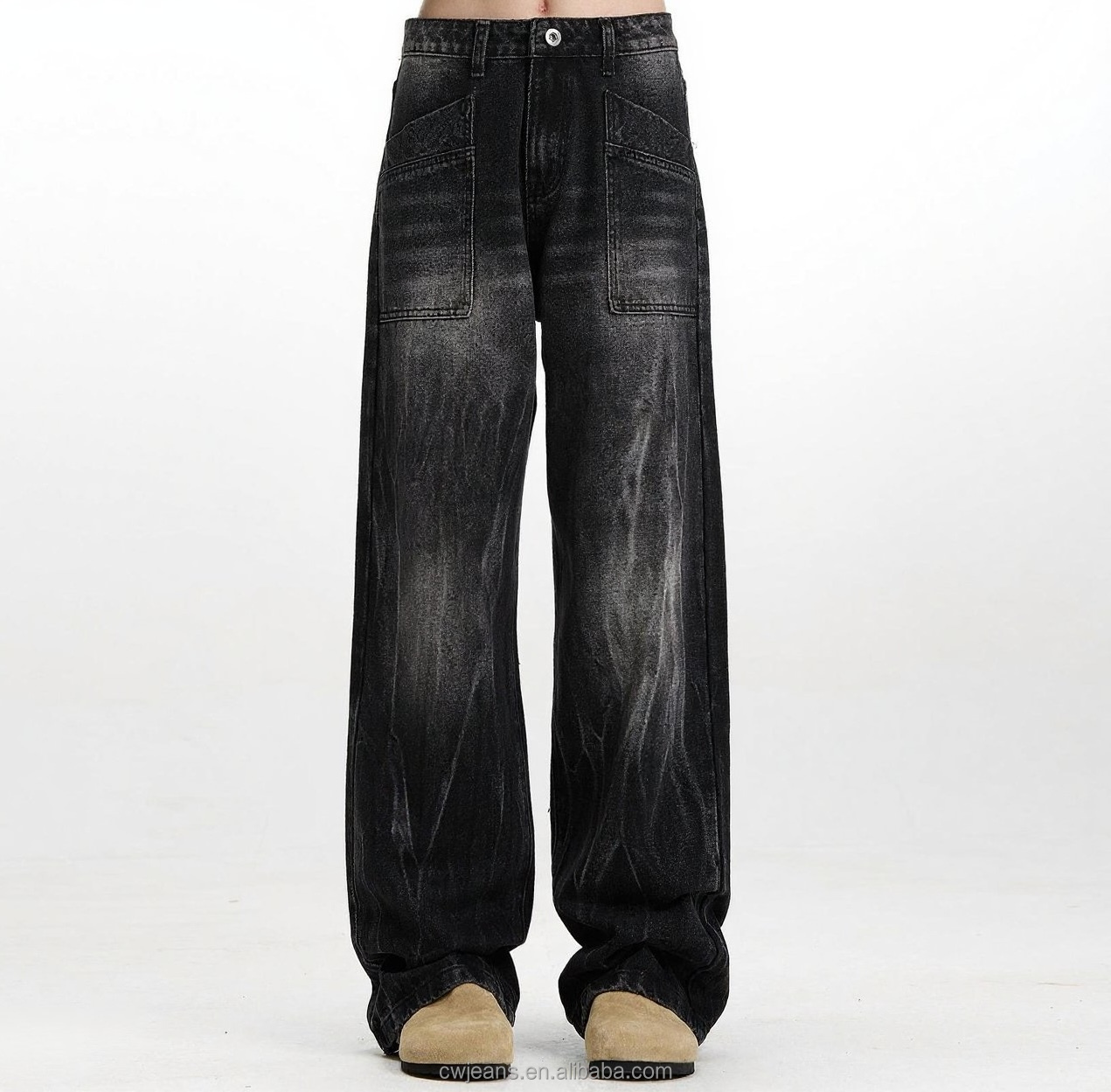 Custom 100% Cotton Straight Fit Baggy Washed Jeans Vintage Strip