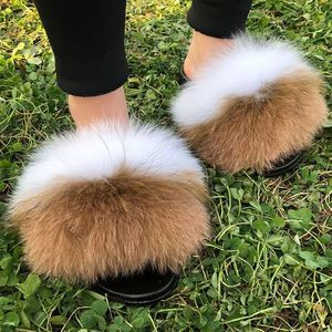 Mode féminine couleur naturelle sandales en fourrure de raton laveur léger plat vraie fourrure pour pantoufles pour l'été en gros toboggan à la mode - Product Image 5