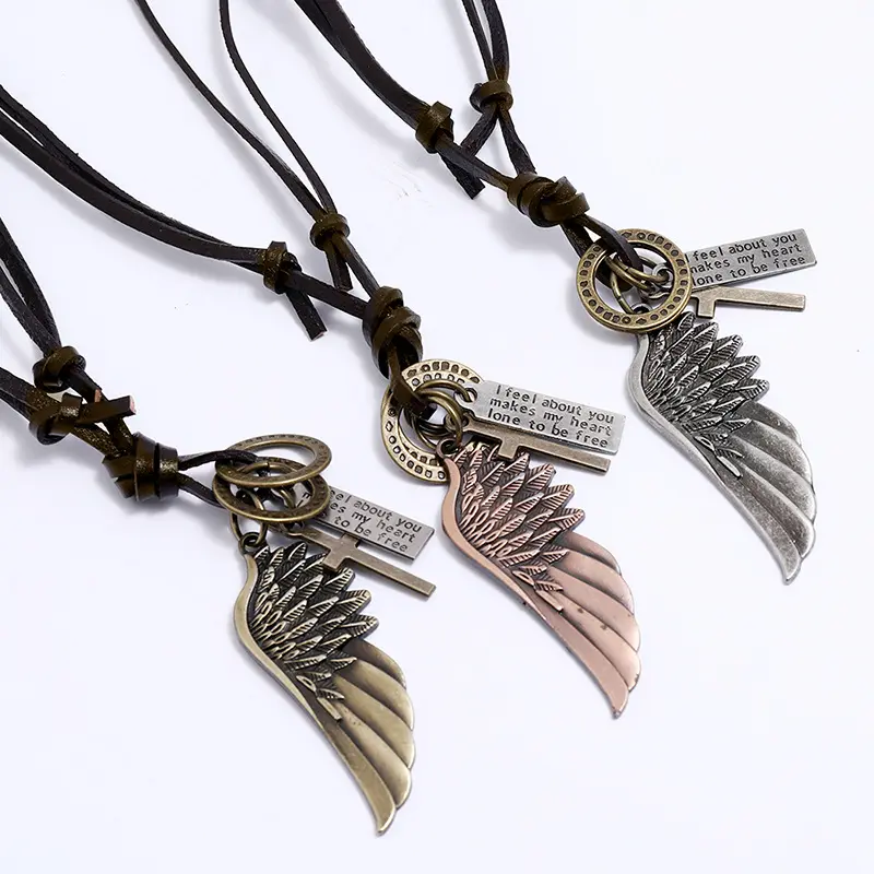 New Fashion Personality Angel Wings Pendant Leather Necklace Adjustable Simple Long Men's Necklace