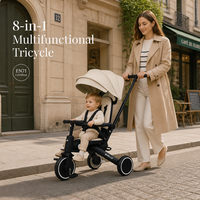 Tricycle enfant BEBELUX T8 OEM ODM 8-en-1 avec siège surélevé, pliable compact, direction parentale, cadre en plastique, poussette-trottinette pour tout-petits