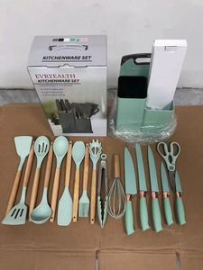 Wooden Handle Silicone <b>Kitchenware</b> Set of 19 Pieces Non Stick Pot Silicone Shovel Spoon Knife Silicone <b>Kitchenware</b> Set - Product Image 3