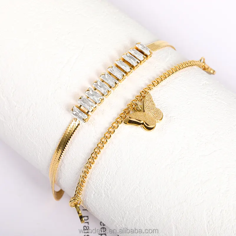Butterfly Gold Snake Double Chain Bracelet CZ Crystal Decorated Beautiful Wedding Bridal Jewelry
