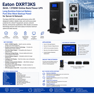 <span class=keywords><strong>Eaton</strong></span> DXRT3KS <span class=keywords><strong>3kVA</strong></span> 2700W <span class=keywords><strong>UPS</strong></span> en rack/torre en línea de larga duración con batería externa y onda sinusoidal pura para respaldo de energía en redes de servidores - Product Image 1