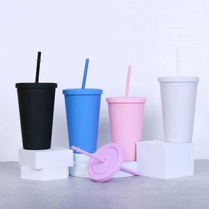 New Arrival in Stock Hot Sales <b>Cheap</b> 16oz Matte Acrylic Cold Cup Double Wall Plastic Tumbler With Straw and Lids - Product Image 1