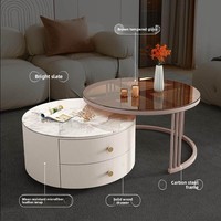 Ensemble de tables basses modernes en or avec plateau en pierre frittée, table d'appoint en verre, tiroirs de rangement, style minimaliste italien pour salons
