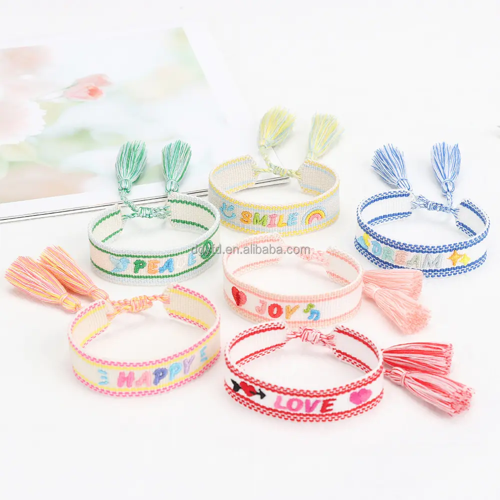 Women Woven Friendship Bracelets Macrame Tassel Braided Jewelry Customized LOVE DREAM PEACE JOY SMILE Embroidery Bracelets