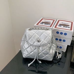 Silver Quilted Women's Backpack Chain Strap <b>Lock</b> Closure Everyday Use Summer 2024 - Product Image 1