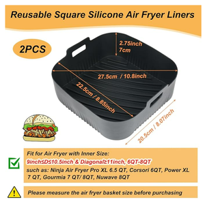 Revêtements en silicone réutilisables pour <span class=keywords><strong>friteuse</strong></span> à air de 9 pouces carrés, ensemble de 6 à 8 QT pour Ninja Corsori <span class=keywords><strong>Gourmia</strong></span> et autres modèles de <span class=keywords><strong>friteuse</strong></span> à air - Product Image 2