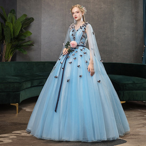 Evening Gown Ball Gown <b>Light</b> Blue Chiffon V <b>Neck</b> Empire Waist Floral Print Long Dress For Women Performance Stage Wear - Product Image 3