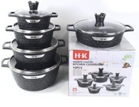 Set Peralatan Masak Aluminium Tebal Berkualitas Tinggi 10 Buah Lapisan Granit Anti Lengket dengan Tutup Kaca Kotak Penyimpanan Dapur