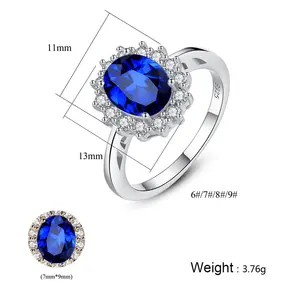 Perhiasan Zirkonia Kubik 925 Perak Murni Batu Safir Biru Liontin Cincin Batu Permata