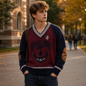 Pull en maille à col en V à manches longues pour homme, motif jacquard universitaire personnalisé, respirant, anti-froissement, pour l'hiver - Product Image 2
