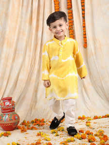 Conjunto de Kurta y Pijama Amarillo Tie Dye para Niños, Ropa Étnica Tradicional para Niños, Traje Festivo para Bodas y Fiestas, Kurta de Algodón Cómodo - Product Image 4