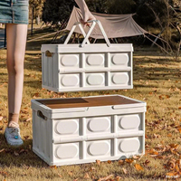 Boîte de Rangement Pliante Extérieure Multifonctionnelle avec Couvercle en Bois, Conteneurs de Rangement Pliables en Plastique pour le Camping