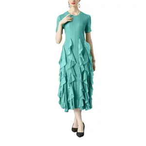Miyake Folded Summer Lady's Lotus Leaf Edge High Waist Dress Temperament Round Neck Short Sleeves Fashion Thin Chiffon Dress