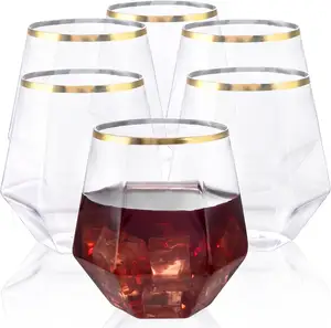 Verres à vin sans pied en plastique en forme de diamant à bord doré de 12oz verres à whisky champagne jetables incassables recyclés