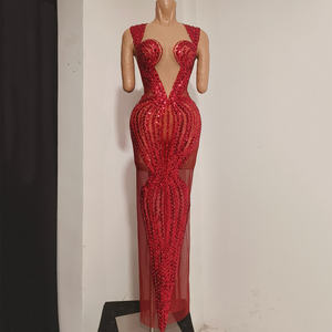ชุดราตรีโนแวนซ์ Y5548 ประดับคริสตัลสีแดง ดีไซน์หรูหรา แต่งเลื่อมวิบวับ โปร่งใส เซ็กซี่ สำหรับผู้หญิง ใส่ไปงานปาร์ตี้ คลับ หรือกลางคืน - Product Image 2