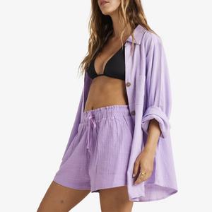 Costume décontracté en lin 100% personnalisé, chemise à manches longues et short de couleur unie, nouvelle mode féminine 2025 - Product Image 2