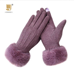 In Stock Wholesale Winter Warm <b>Gloves</b> Solid Color <b>Fur</b> Cuff Touch Screen Anti-slip Breathable Women Cycling Driving Low MOQ - Product Image 3