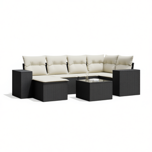 Conjunto de Sofás de Jardín de Mimbre Sintético Negro, Muebles de Exterior con Cojines, Diseño Contemporáneo para Patio y Jardín - Product Image 1