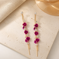 Anting Bunga Mawar Mewah Prancis, Anting Panjang Berumbai Rhinestone, Anting Gantung Floral untuk Wanita, Perhiasan Fashion