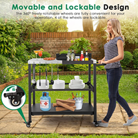 Outdoor-Grillwagen aus Edelstahl mit Pizzaofen, Tisch, feststellbaren Rädern, Haken und verstellbarem Metallgitter – Kücheninsel, Schwarz