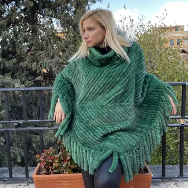 Femmes 2023 hiver mode fourrure poncho véritable fourrure de vison châles tricotés à la main épais chaud à la mode fourrure ponchos