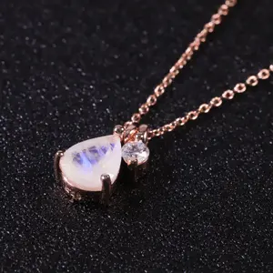 OL0128 China Custom High End Jewelry Rose Gold Plated Silver Dainty Designs Natural Rainbow Blue Fire Oval Moonstone Necklace