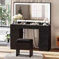Coiffeuse avec miroir LED, station de charge, 7 tiroirs et tabouret pour chambre, hôtel, studio, dressing, bureau à domicile