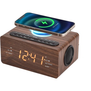 Réveil numérique en bois <span class=keywords><strong>Radio</strong></span> FM votre Station de charge rapide sans fil avec variateur à 3 niveaux affichage LED minuterie de sommeil - Product Image 1