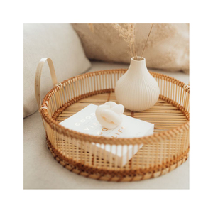 Plateau d'accent de table en fibre naturelle fait à la main en rotin tissé d'inspiration vintage et corde en bambou ferme maison de plage herbe de mer - Product Image 4