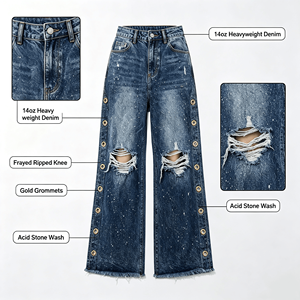 Jean déchiré taille haute à jambe large pour <span class=keywords><strong>femme</strong></span> avec œillets dorés et délavage acide intense - Product Image 6