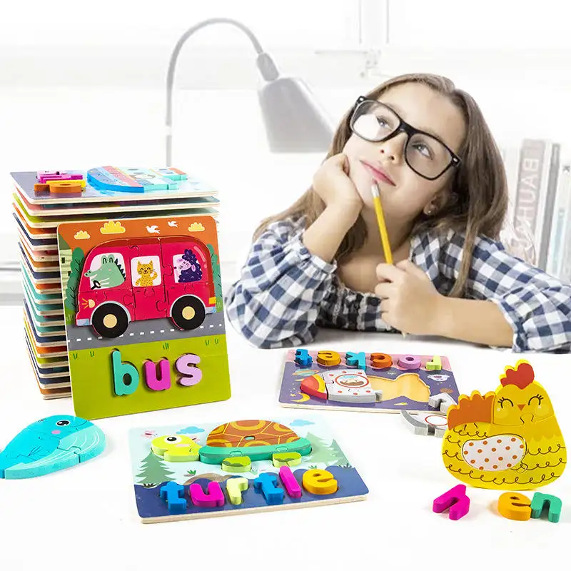 25デザイン卸売キッズスペリングゲームモンテッソーリ3Dパズルおもちゃ赤ちゃん教育学習木製おもちゃ