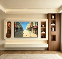 Meuble mural TV incurvé sur mesure, style crème, meuble TV intégré avec éclairage LED et console TV flottante