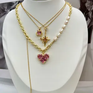 Luxury Pink Peach Heart Diamond Pendant Necklace Zircon Diamond Chain Choker Necklaces Bridal Wedding Jewelry Sets