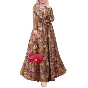 Último vestido modesto con estampado floral para mujeres musulmanas dobladillo oscilante con cinturón diseño simple Abaya estilo Dubai Jalabiya <span class=keywords><strong>Cabaya</strong></span> - Product Image 3
