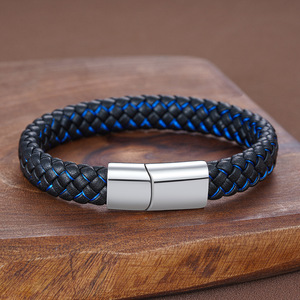 Pulsera de Cuero Tejido con Acero Inoxidable de 21 cm, Cierre Magnético, Regalo para Hombre, Joyería, Patrón Cosido en Negro y Azul - Product Image 3