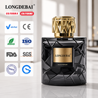 Vente en gros de flacons de parfum vides en verre élégants et luxueux, 50 ml, 100 ml, noir mat, ronds, avec bouchon en acrylique doré