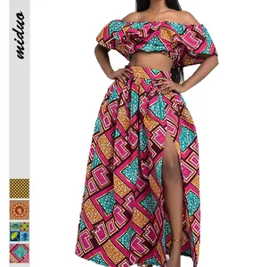 Venta caliente estilo africano Impresión Digital impresión de estilo étnico Sexy personalidad Casual señoras traje larga hendidura falda y Top