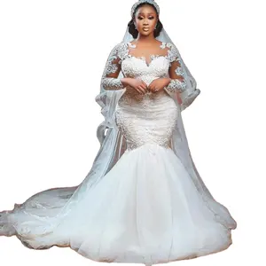 Aso Ebi Mermaid Modest Wedding Dress With Sheer Neck Illusion Long Sleeves Bridal Dress Lace Appliques