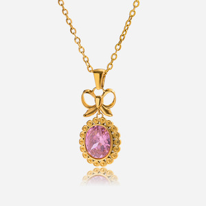 Stainless Steel Pink Zircon Pendant Necklace Bowknot Design Bezel Setting <b>Gift</b> Jewelry For Women - Product Image 1