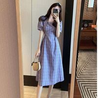 Robe d'été française au design rétro pour femmes, robe causale à manches courtes, couleur unie, longueur genou