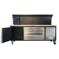 Support OEM Boîte à outils en acier de 84 pouces avec 10 tiroirs Roulettes robustes Conception étanche et prise de courant-Chariot en acier moderne