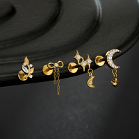 Boucles d'oreilles G23 en titane, motif lune et étoile, pour tragus, hélix, cartilage, avec zircon, pendentif nœud, fleur, clou à lèvre, dos plat, piercing fileté