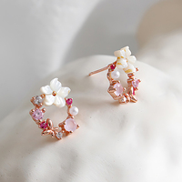 Boucles d'oreilles clous en forme de fleurs de coquillage à la mode avec quartz rose pour femmes, argent sterling 925, boucles d'oreilles élégantes et creuses, bijoux fins personnalisés