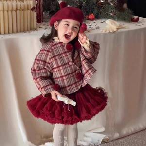 Girls Plaid Fleece <b>Lined</b> <b>Coat</b> Tutu Skirt Set Autumn Winter Outfit Windproof Christmas Dress - Product Image 1