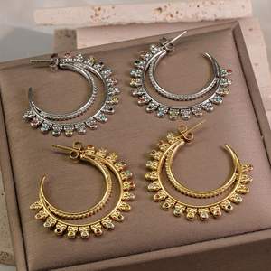 2025 populaire femmes Punk plaqué or en acier inoxydable boucles d'oreilles C forme Double couche cristal bohème bijoux en gros - Product Image 1