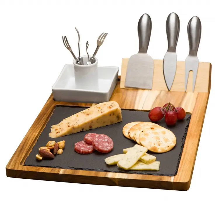 Addreen 100% Natuurlijke Houten Hoge Kwaliteit Bamboe Charcuterie Lade Slate Snijden Kaasplank Set Met Rvs Messen Lade