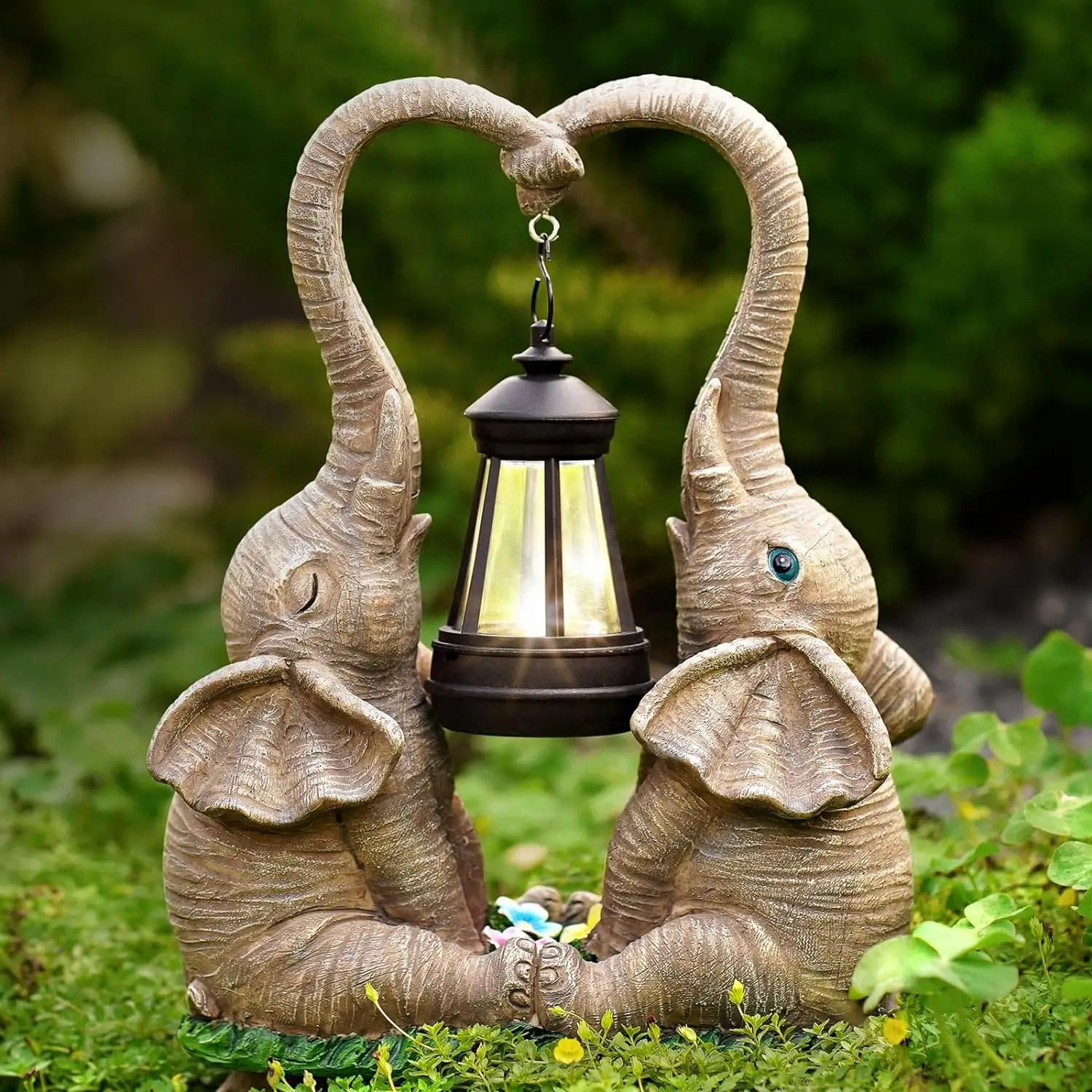 Estátua de elefante para decoração de jardim, estátua ao ar livre com luzes solares de LED, estatuetas de animais em poliresina